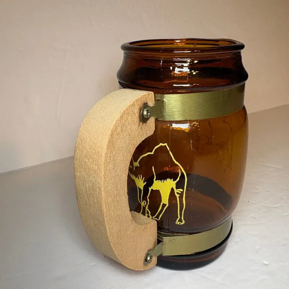 Vintage Pittsburgh Zoon Souvenir Brown Glass Barrel Mug Wood Handle